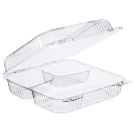 Plastic scharnierende Deli-Container OPS 3 Compartmenten "StaenLock" transparant 1120ml (100 stuks) 