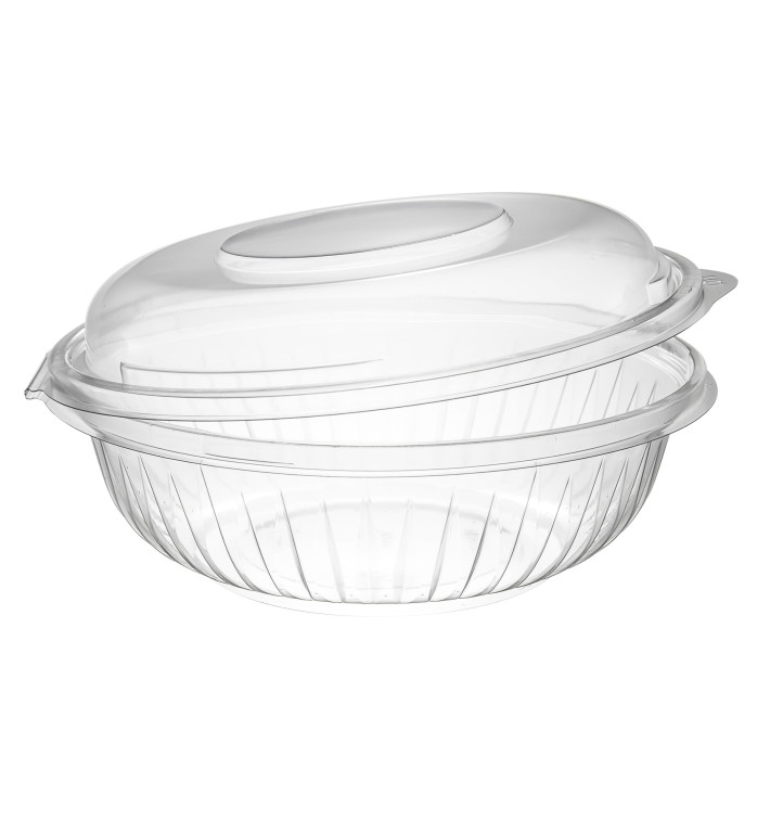 Plastic scharnierende Saladekom PET"Presentatiekom" hoog koepel Deksel 710ml (75 stuks) 
