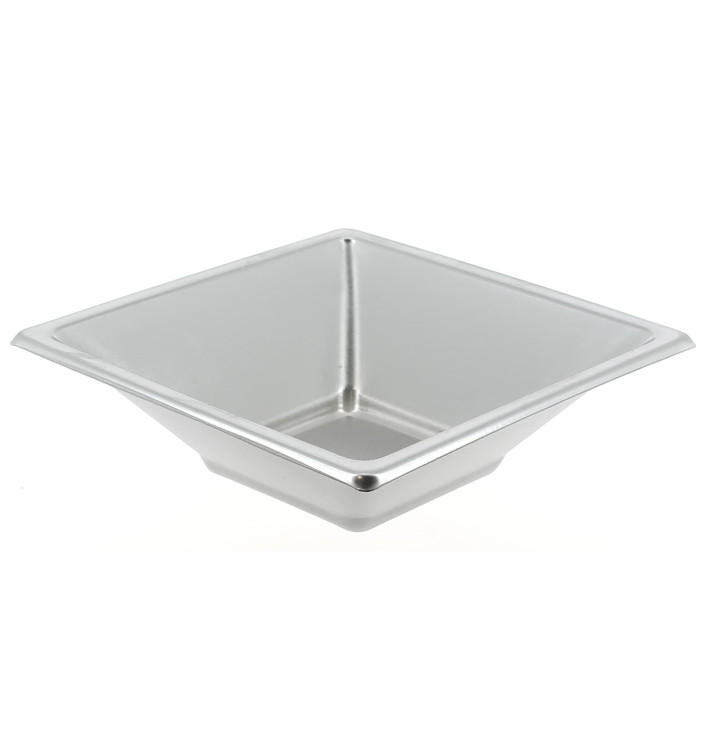 Plastic kom PS Vierkant zilver 12x12cm (25 stuks) Plastic kom PS Vierkant zilver 12x12cm (25 stuks)