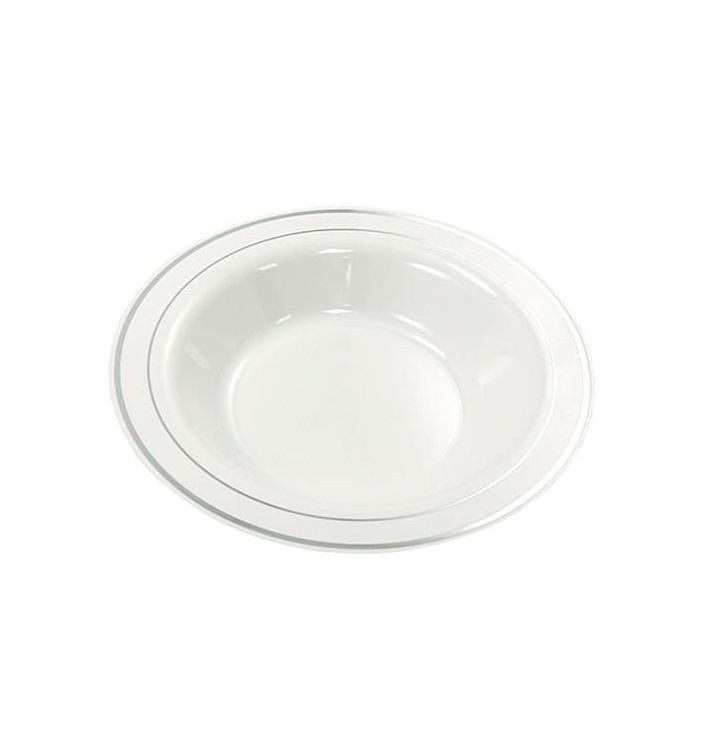 Plastic bord Extra stijf Diep met border zilver 23cm (200 stuks) Plastic bord Extra stijf Diep met border zilver 23cm (200 stuks)