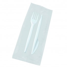 Plastic PS bestekset vork en mes wit (25 stuks)