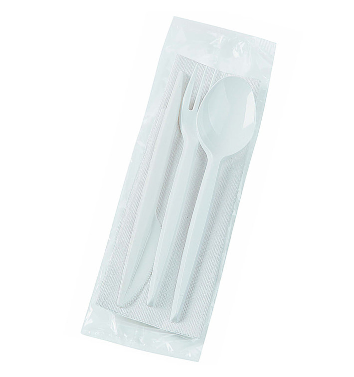 Kit Couverts: Fourchette, Couteau, Cuillère et Serviette Blanc (25 Utés) Kit Couverts: Fourchette, Couteau, Cuillère et Serviette Blanc (25 Utés)