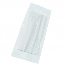 Plastic PS bestekset vork, mes en servet wit (25 stuks)