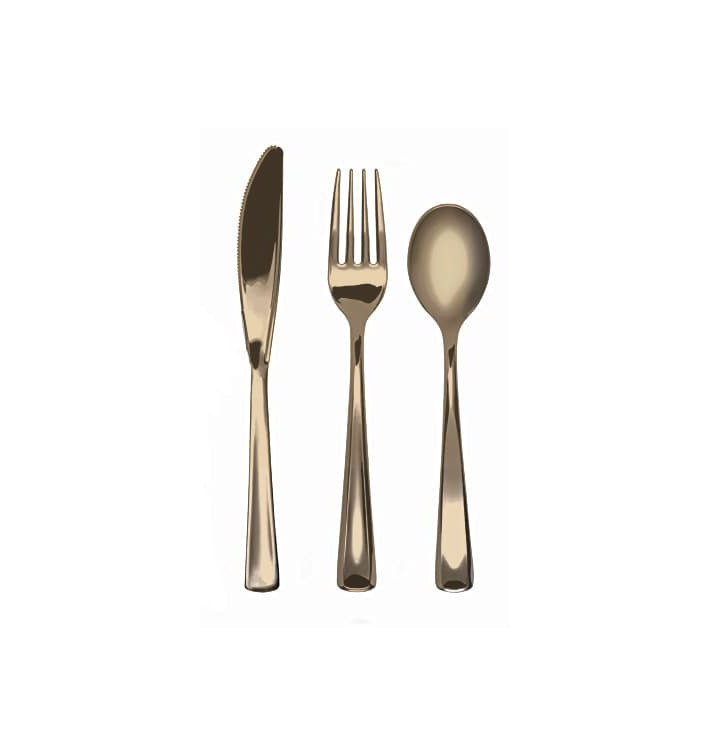 Bestekset vork, mes en lepel goud gemetalliseerd (1 stuk) Bestekset vork, mes en lepel goud gemetalliseerd (1 stuk)