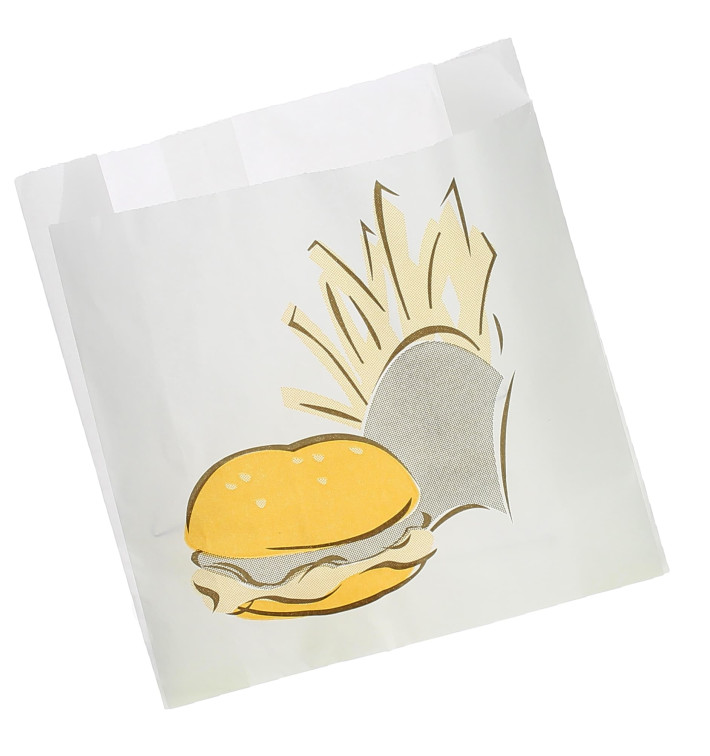 Papieren voedsel zak Vetvrij Burger Design 15+5x16cm (1000 stuks) Papieren voedsel zak Vetvrij Burger Design 15+5x16cm (1000 stuks)