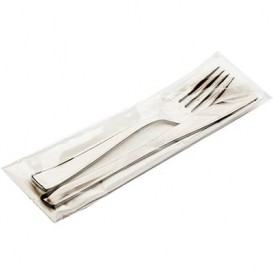 Plastic PS bestekset gemetalliseerd vork, mes en servet (300 stuks)