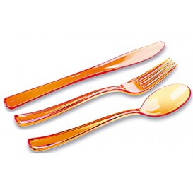 Plastic Bestekset vork, mes, lepel oranje (1 stuk)