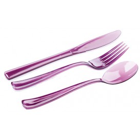 Plastic Bestekset vork, mes, lepel aubergine kleur (20 sets)