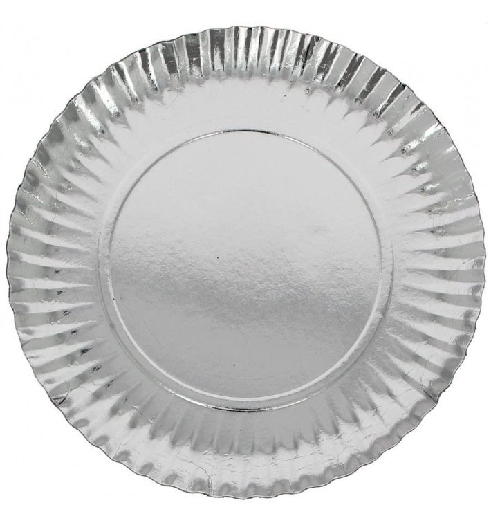 Papieren bord Rond vormig zilver 27cm (100 stuks) Papieren bord Rond vormig zilver 27cm (100 stuks)