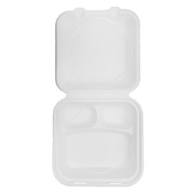 Suikerriet Gescharnierd Container "Menu Box" 3 Compartmenten wit 20x20x7,5cm (50 stuks) 