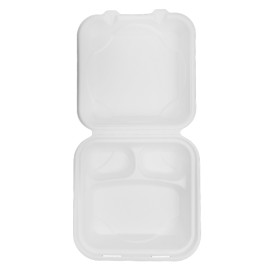 Suikerriet Gescharnierd Container "Menu Box" 3 Compartmenten wit 20x20x7,5cm (50 stuks) 