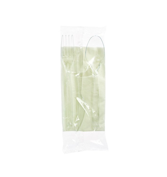 Plastic PS bestekset vork, lepel, mes en servet transparant (25 stuks) Plastic PS bestekset vork, lepel, mes en servet transparant (25 stuks)