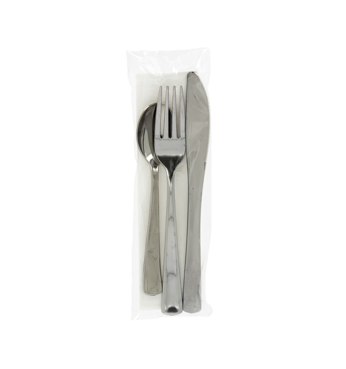 Plastic PS bestekset gemetalliseerd 3 stuks met servet (300 stuks) Plastic PS bestekset gemetalliseerd 3 stuks met servet (300 stuks)