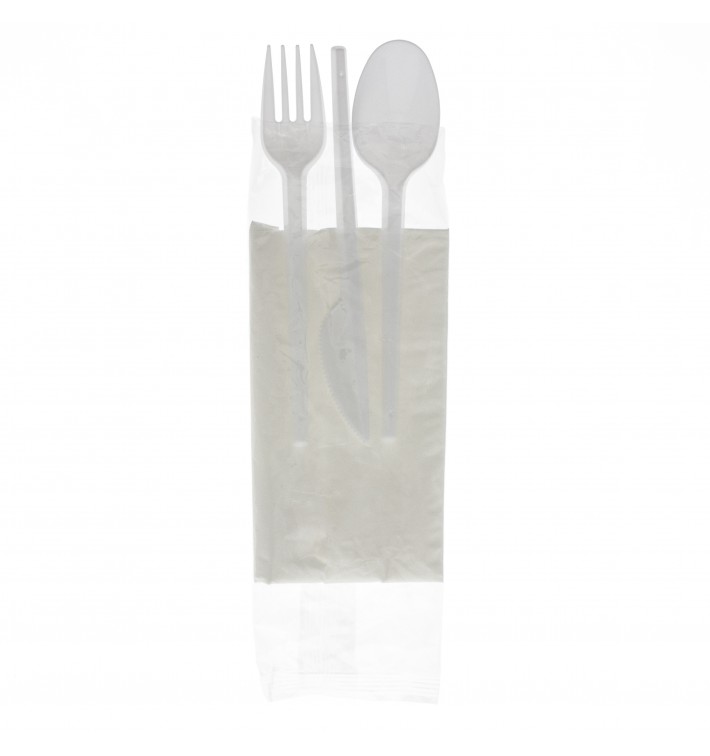 Plastic PS bestekset vork, lepel, mes en servet (25 stuks)