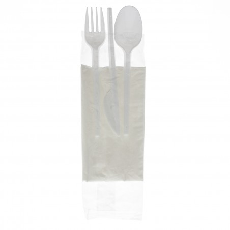 Plastic PS bestekset vork, lepel, mes en servet (250 stuks)