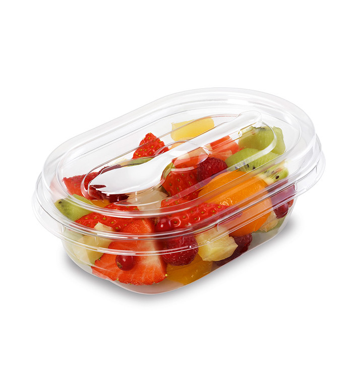 Plastic saladekom APET vormig met vork 370ml 19x14x6,4cm (100 stuks) Plastic saladekom APET vormig met vork 370ml 19x14x6,4cm (100 stuks)