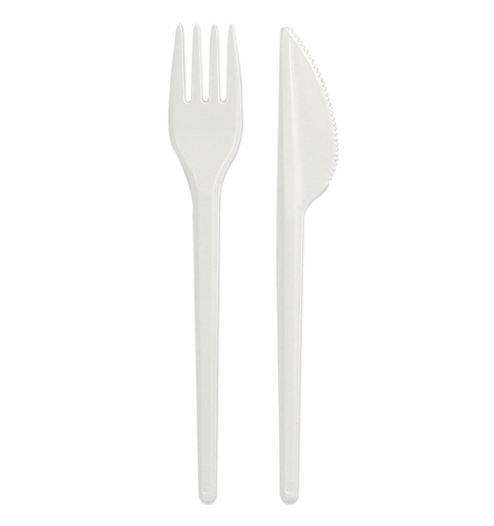 Plastic PS bestekset vork en mes wit (500 stuks) Plastic PS bestekset vork en mes wit (500 stuks)