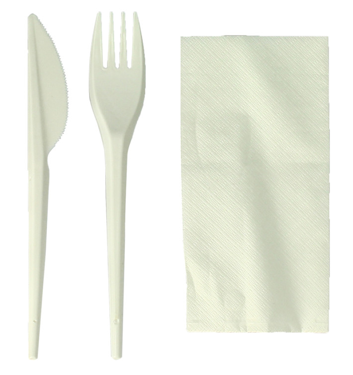 Kit Fourchette, Couteau, Serviette Amidon Maïs PLA (100 Utés) Kit Fourchette, Couteau, Serviette Amidon Maïs PLA (100 Utés)