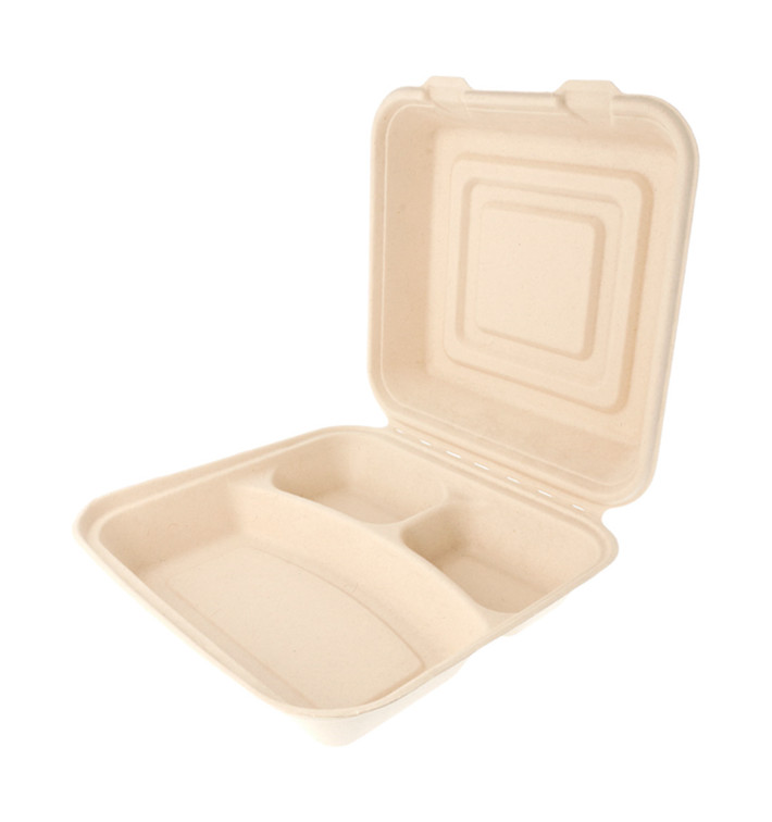 Suikerriet Gescharnierd Container "Menu Box" 3 Compartmenten 25x25x7,5cm (250 stuks) Suikerriet Gescharnierd Container "Menu Box" 3 Compartmenten 25x25x7,5cm (250 stuks)