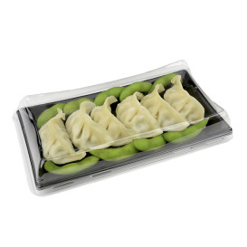 Plateau Rectangulaire Noir et Couvercle PET 12x22cm (15 Utés)