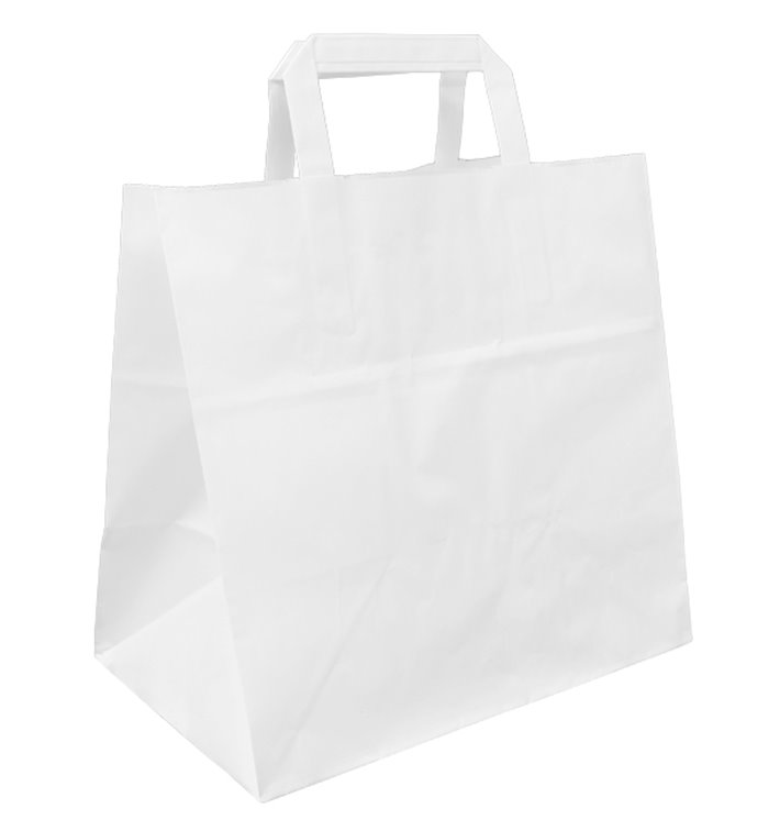 Papieren zak met handgrepen wit Plat 70g/m² 26+18x26cm (250 stuks) Papieren zak met handgrepen wit Plat 70g/m² 26+18x26cm (250 stuks)