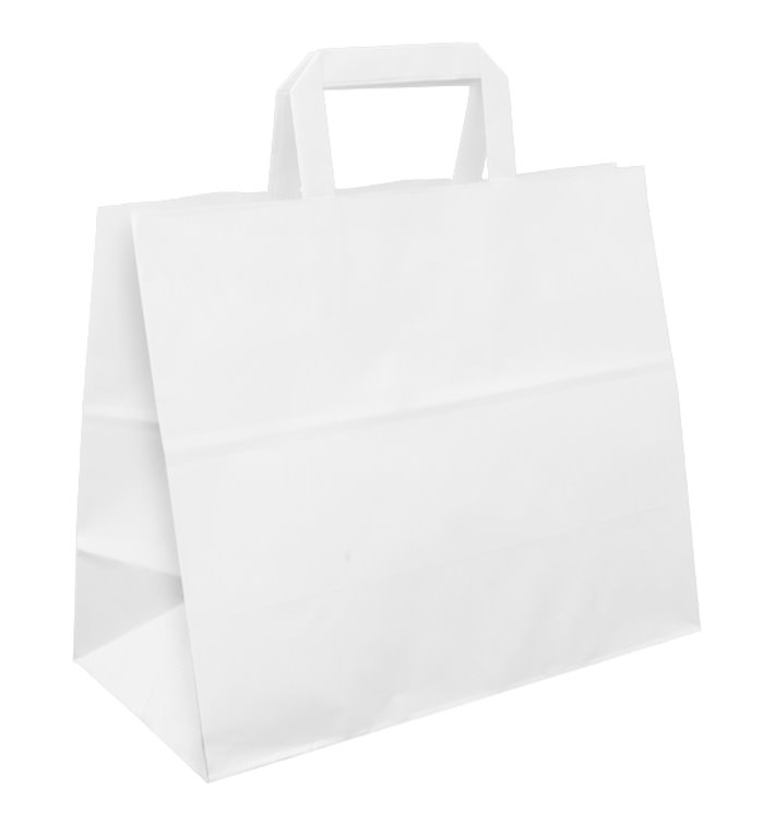 Papieren zak met handgrepen wit Plat 70g/m² 32+22x26cm (50 stuks) Papieren zak met handgrepen wit Plat 70g/m² 32+22x26cm (50 stuks)