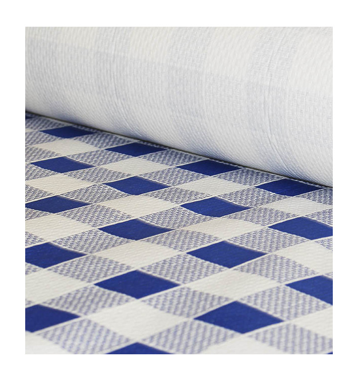 Papieren tafelkleed rol blauw Checkers 1x100m. 40g (1 stuk) Papieren tafelkleed rol blauw Checkers 1x100m. 40g (1 stuk)