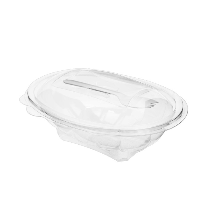 Plastic saladekom APET vormig met vork 500ml 19x14x7,6cm (100 stuks) Plastic saladekom APET vormig met vork 500ml 19x14x7,6cm (100 stuks)