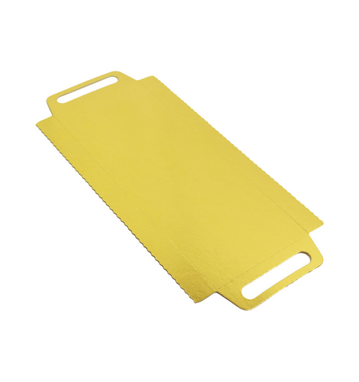 Papieren dienblad met handgrepen Rechthoekige vorm goud 30x12 cm (100 stuks) Papieren dienblad met handgrepen Rechthoekige vorm goud 30x12 cm (100 stuks)