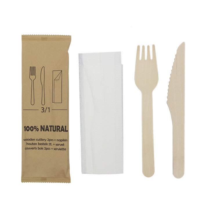 Set Couverts en Bois Fourchette, Couteau et Serviette (25 Utés) Set Couverts en Bois Fourchette, Couteau et Serviette (25 Utés)