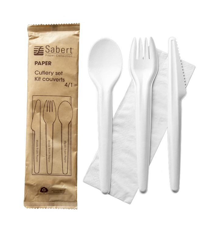 Kit Couverts Carton Kraft Fourchette, Couteau, Cuillère et Serviette (50 Utés)