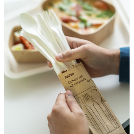 Kit Couverts Carton Kraft Fourchette, Couteau, Cuillère et Serviette (300 Utés)