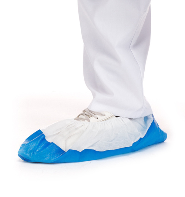 Wegwerp plastic schoen omhulsel met versterking van de tong TST PP CPE wit/blauw (500 stuks)