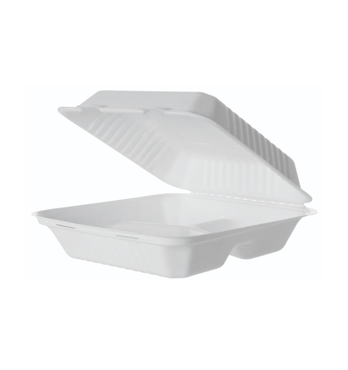 Suikerriet Gescharnierd Container + PLA wit 3C 23x23x7,5cm (200 stuks) Suikerriet Gescharnierd Container + PLA wit 3C 23x23x7,5cm (200 stuks)