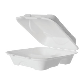 Suikerriet Gescharnierd Container "Menu Box" 3 Compartmenten wit 20x20x7,5cm (50 stuks) 
