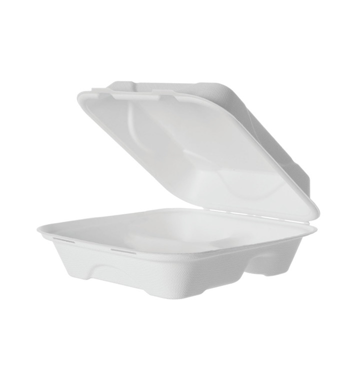 Suikerriet Gescharnierd Container "Menu Box" 3 Compartmenten wit 20x20x7,5cm (50 stuks) Suikerriet Gescharnierd Container "Menu Box" 3 Compartmenten wit 20x20x7,5cm (50 stuks)