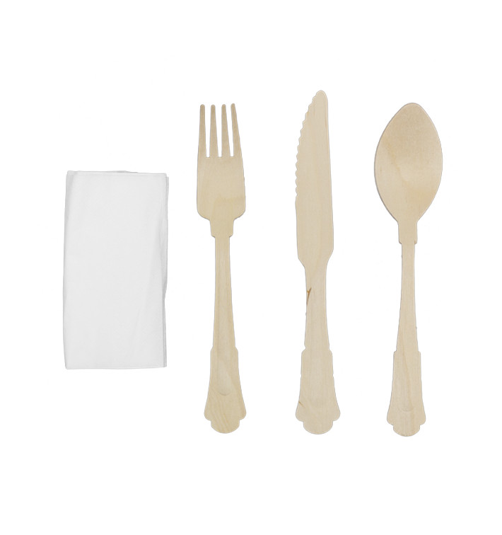 Set de Fouchette, Couteau, Cuillère et Serviette en Bois “Classic” 20cm (100 Utés) Set de Fouchette, Couteau, Cuillère et Serviette en Bois “Classic” 20cm (100 Utés)