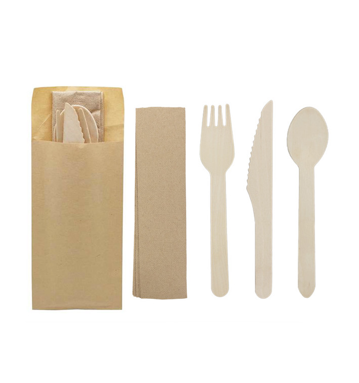 Set Couverts Bois Fourchette, Couteau, Cuillère et Serviette (1.200 Utés) Set Couverts Bois Fourchette, Couteau, Cuillère et Serviette (1.200 Utés)