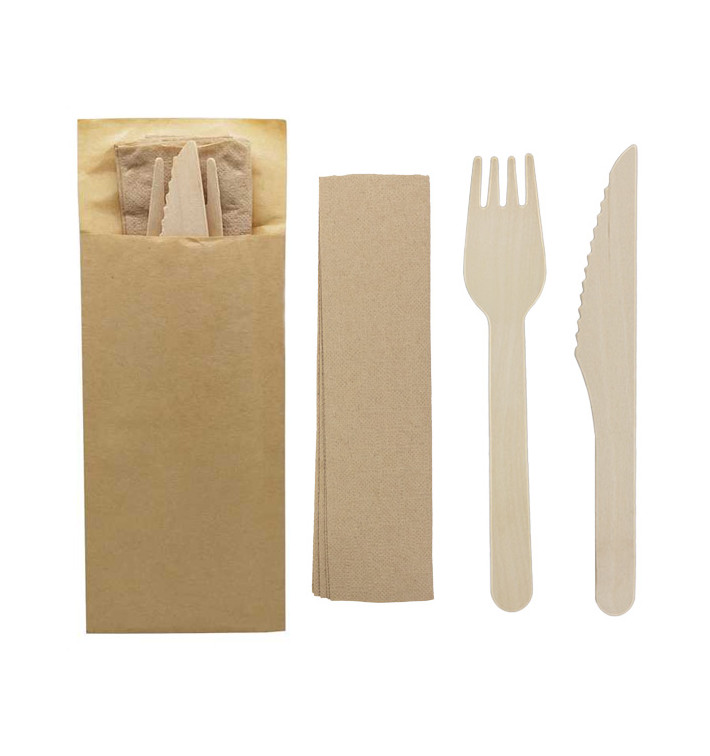 Set Couverts Bois Fourchette, Couteau et Serviette (50 Utés) Set Couverts Bois Fourchette, Couteau et Serviette (50 Utés)