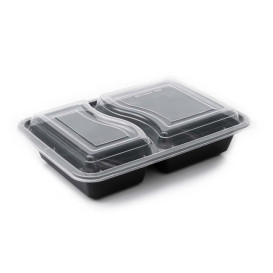 Plastic Menuschaal PP Zwart met 2 Vaks met Deksel 690ml 22,3x18,1cm (50 Stuks)