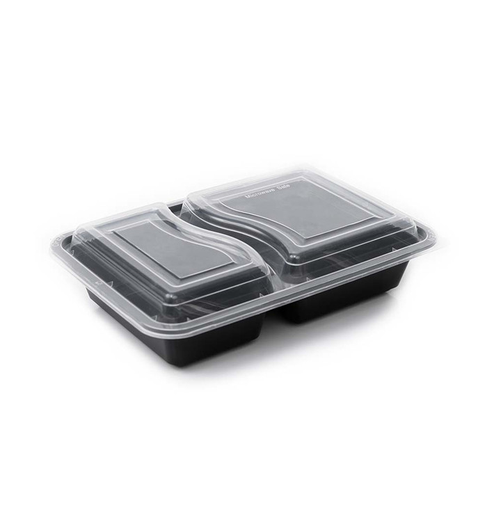 Plastic Menuschaal PP Zwart met 2 Vaks met Deksel 690ml 22,3x18,1cm (50 Stuks)