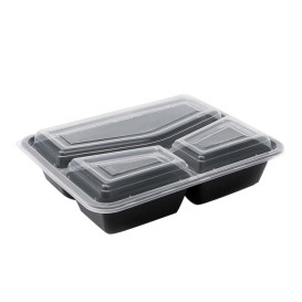 Plastic Menuschaal PP Zwart met 3 Vaks met Deksel 930ml 23x18,3cm (50 Stuks)