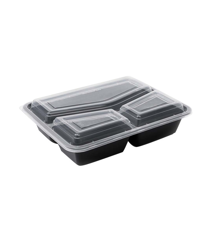 Plastic Menuschaal PP Zwart met 3 Vaks met Deksel 930ml 23x18,3cm (300 Stuks)