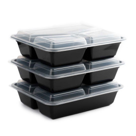 Plastic Menuschaal PP Zwart met 3 Vaks met Deksel 930ml 23x18,3cm (50 Stuks)