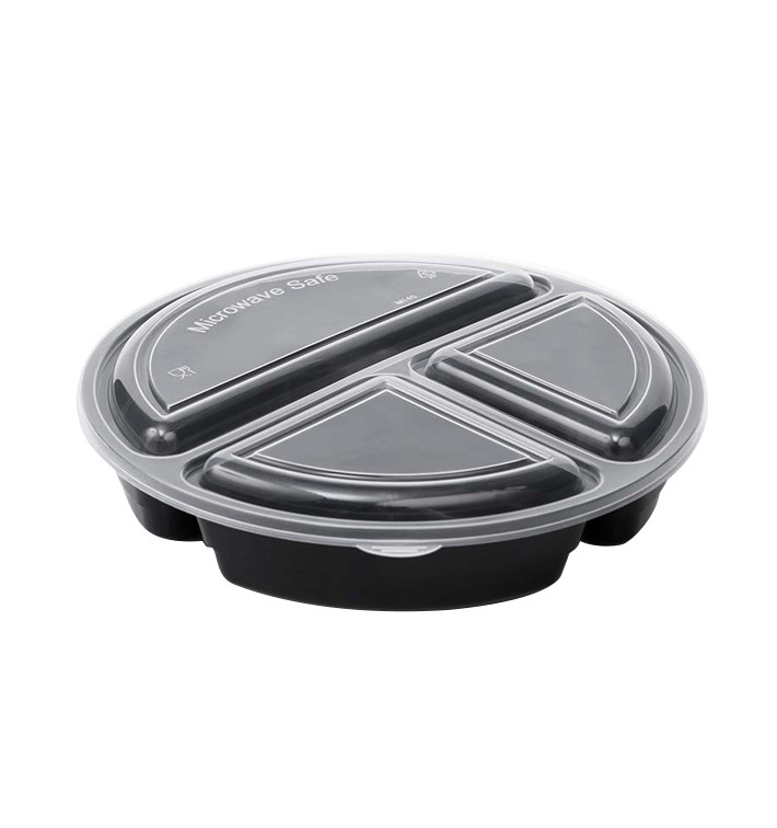 Plastic Menuschaal PP Zwart met 3 Vaks met Deksel 920ml Ø22cm (50 Stuks)