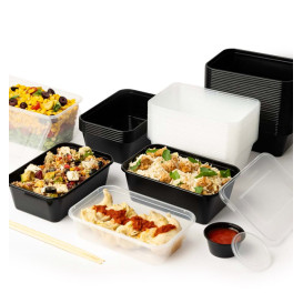 Plastic Bakje Rechthoek Zwart van PP met Deksel 1.000ml 17,3x11,9cm (50 Stuks)