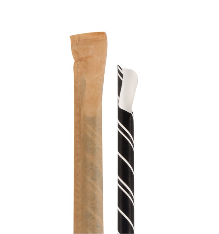 Papieren rechte rietjes lepel zwart witte strepen verpakt Ø0,8cm 20cm (100 stuks)