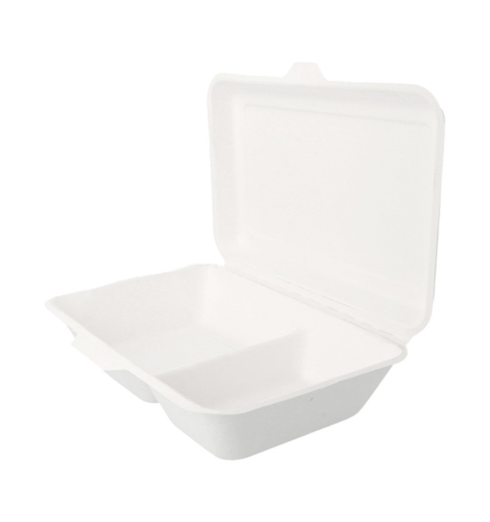 Suikerriet Gescharnierd Container "Menu Box" 2 Compartmenten wit 22,5x16,5x6,4cm Suikerriet Gescharnierd Container "Menu Box" 2 Compartmenten wit 22,5x16,5x6,4cm