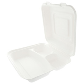 Suikerriet Gescharnierd Container "Menu Box" wit 3 Compartmenten 25x25x7,5cm 