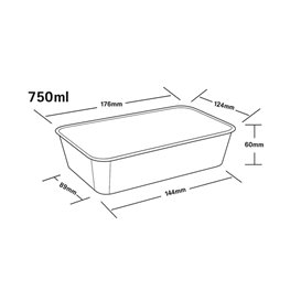 Boîte Rectangulaire en Plastique PP Noire avec Couvercle 750ml 17,3x11,9cm (50 Utés)
